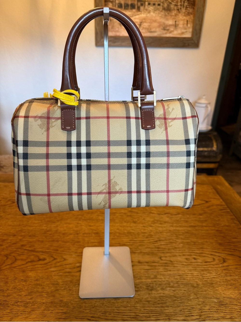 Burberry Classic Haymarket Check Pattern Brown Handle Woman’s Bag